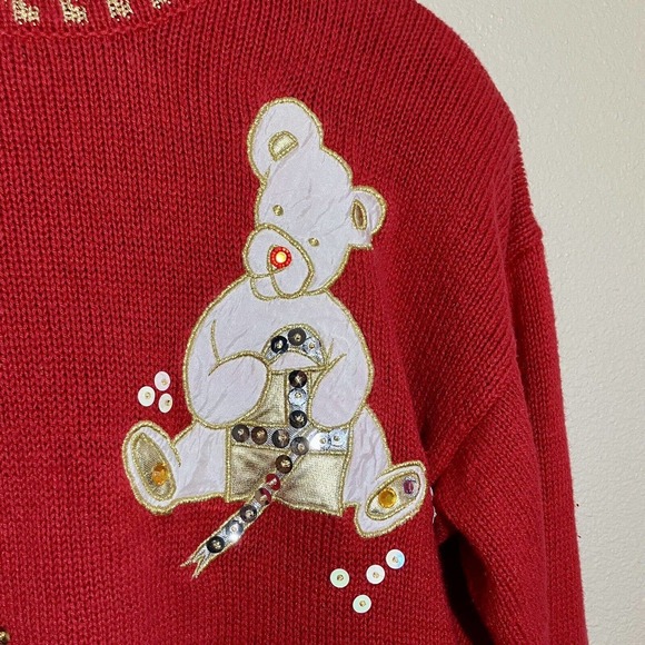 vintage ugly christmas sweater size M teddy bear Gold Lame Appliqué Sequins Red - Picture 9 of 11